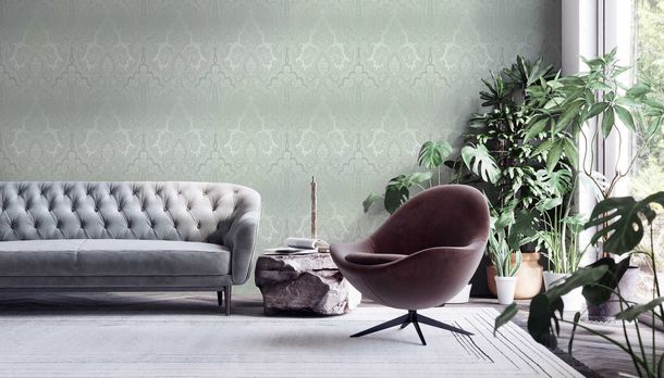 Non-Woven Wallpaper Damast Design grey-green 38708-1