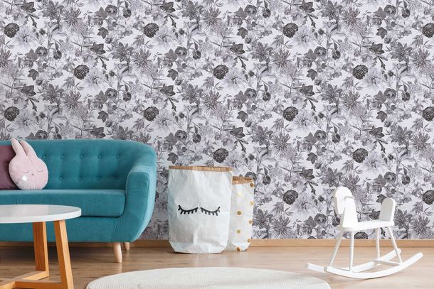 Non-Woven Wallpaper Flowers white grey 38175-3
