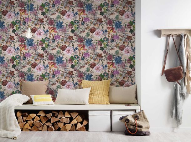 Non-Woven Wallpaper Flowers beige colourful 38175-5