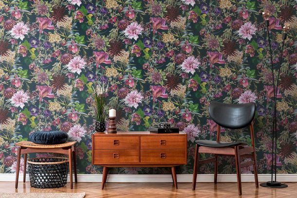Non-Woven Wallpaper Flowers black pink 38175-6