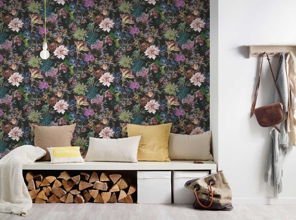 Non-Woven Wallpaper Flowers black colourful 38175-7