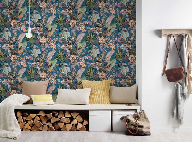 Non-Woven Wallpaper Animals Leaves blue 38176-4