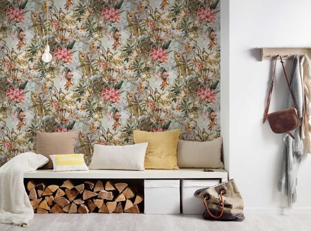 Non-Woven Wallpaper Flowers Vintage green 38177-1