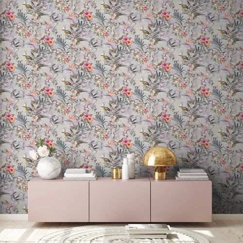 Non-Woven Wallpaper Flowers Birds grey 38178-2