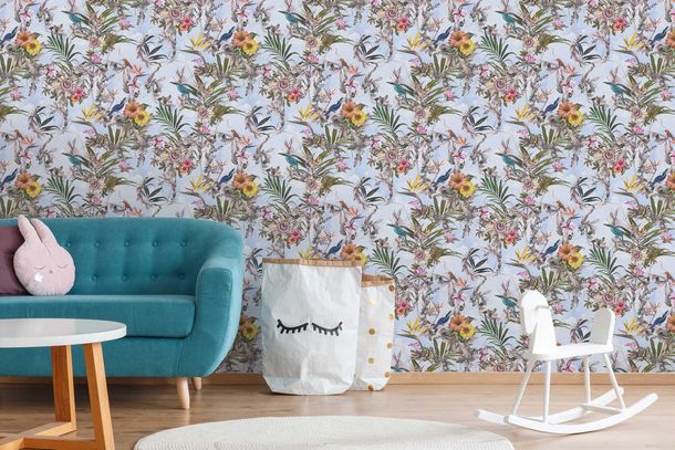 Non-Woven Wallpaper Flowers Birds blue 38178-4