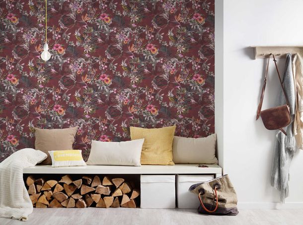 Non-Woven Wallpaper Flowers Birds red 38178-5