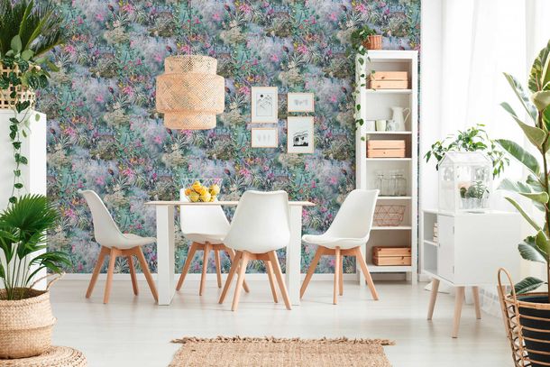 Non-Woven Wallpaper Plants Jungle grey blue 38179-1