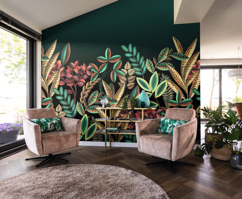 Photo Wallpaper Rasch Leaves green dark grey 485783