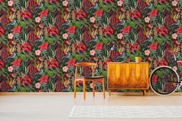 Wallpaper Grandeco animals flowers plants green red