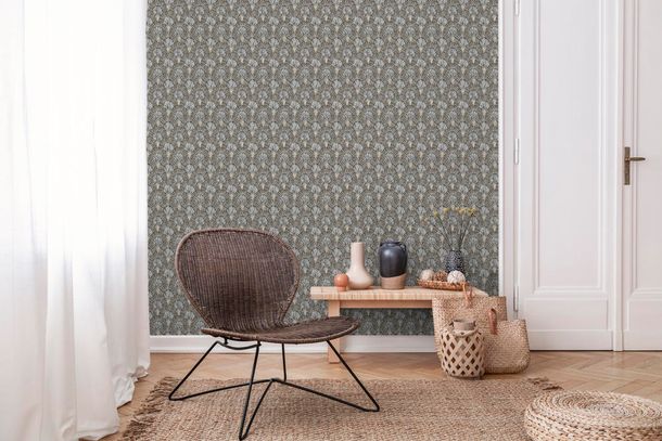 Wallpaper Grandeco peacock feathers white brown gold