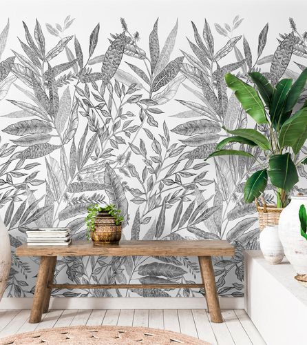Non-Woven Wallpaper Jungle Leaves Black White JF6101