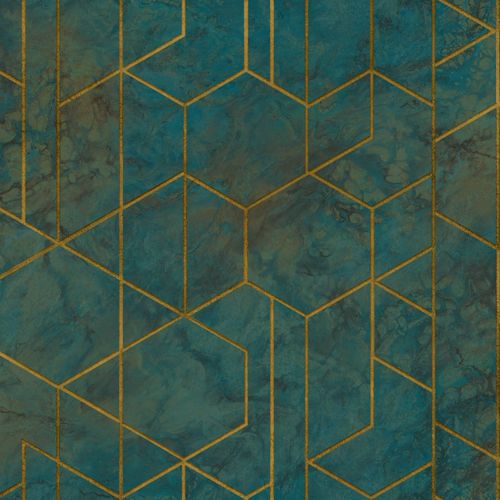 Non-woven wallpaper graphic marble green gold metallic