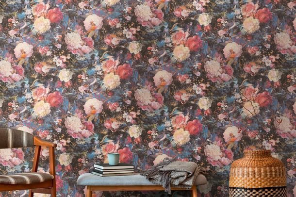 Non-woven wallpaper 38821-1 Black Red Flowers