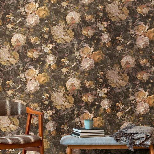 Non-woven wallpaper 38821-2 Black Gold Flowers