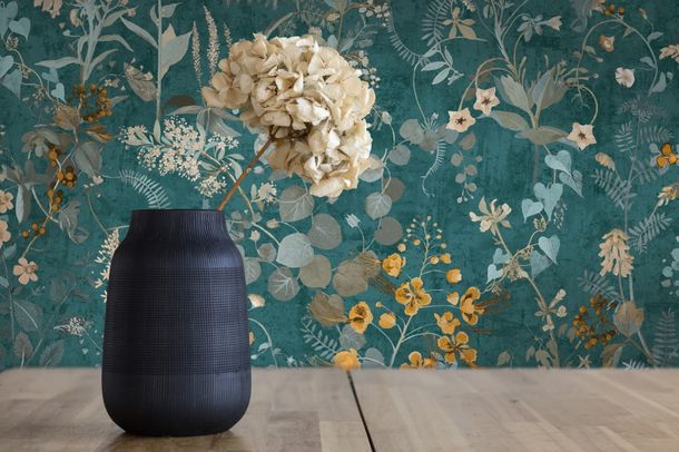 Non-woven wallpaper 38825-3 Petrol Yellow Floral