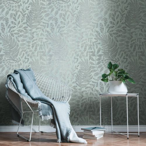Non-woven wallpaper 38830-1 Blue Silver Leaves