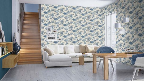 Non-woven wallpaper Rasch ferns beige blue 555127