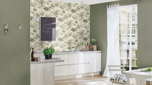 Non-woven wallpaper Rasch ferns grey green 555141