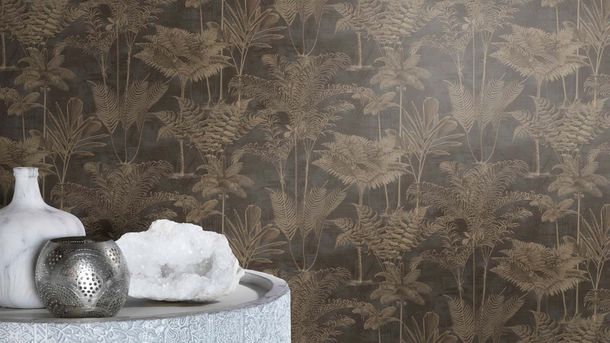 Non-woven wallpaper Rasch ferns black gold 555165