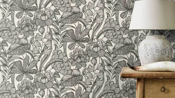 Non-woven wallpaper Rasch Flowers Leaves White Black 