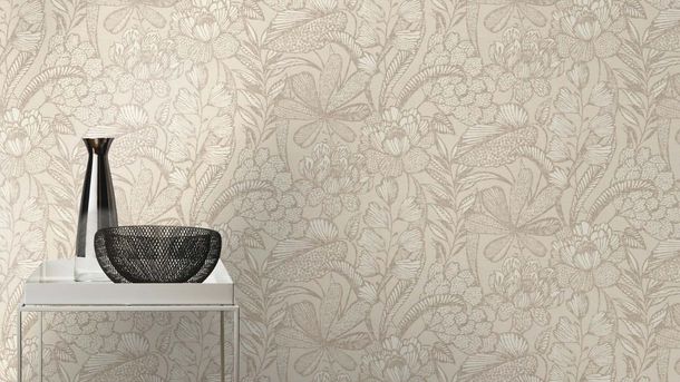 Non-woven wallpaper Rasch Flowers Leaves Beige White