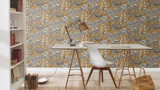 Non-woven wallpaper Rasch Flowers Leaves Yellow Black