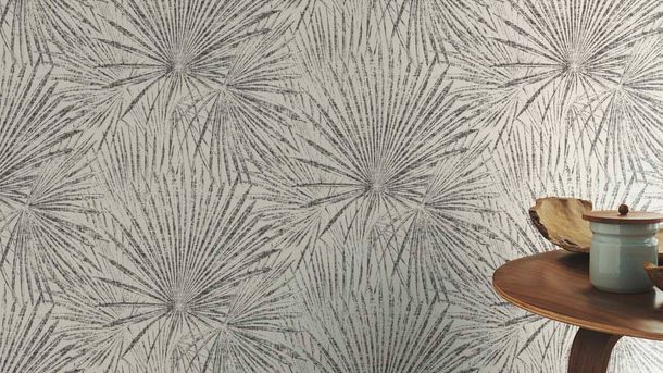 Non-woven wallpaper Rasch Leaves White Black 555738
