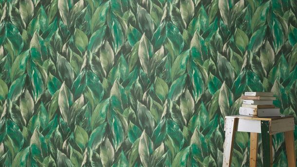 Non-woven wallpaper 537345 Rasch leaves green cream