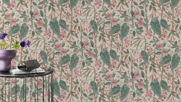 Non-woven wallpaper 538212 Rasch flowers cream pink