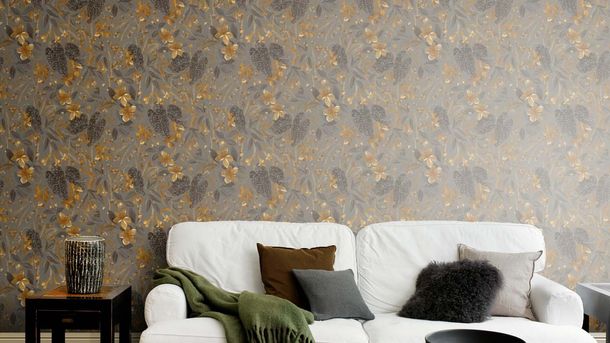 Non-woven wallpaper 538229 Rasch flowers gray yellow