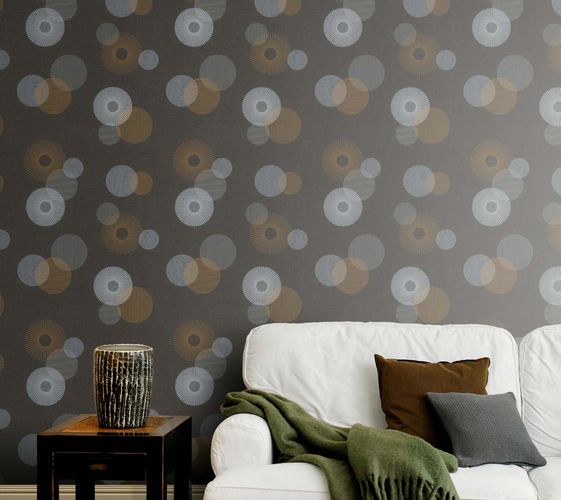 Non-woven wallpaper Rasch circles grey yellow 311501