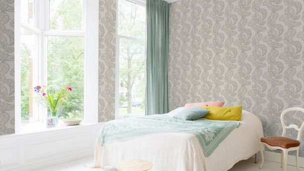 Non-woven wallpaper Rasch leaf pattern gray silver 822625
