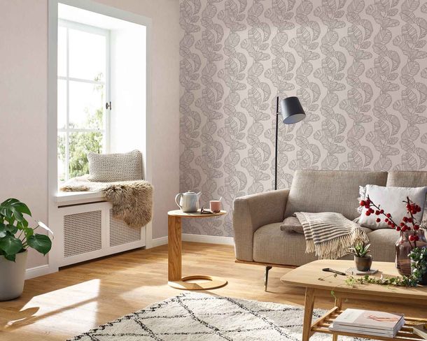 Non-woven wallpaper Rasch leaf pattern beige silver 822632