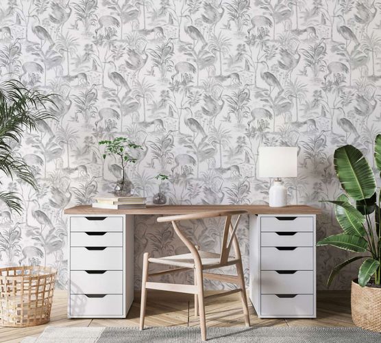 Non-woven wallpaper birds trees white gray Marburg 47404