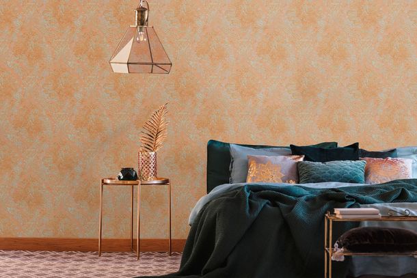 Non-woven wallpaper damask motif orange metallic 39112-1