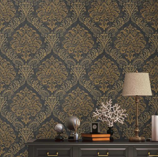 Non-woven wallpaper damask motif black gold 39112-3