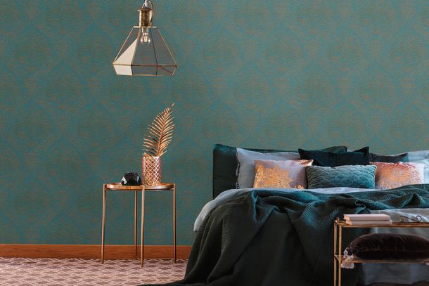 Non-woven wallpaper damask motif petrol bronze 39112-4