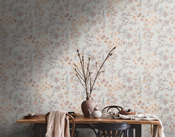 Non-woven wallpaper flowers floral grey yellow 39117-1