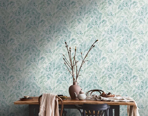 Non-woven wallpaper leaves metallic white green 39120-1
