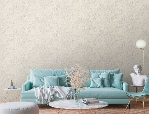 Non-woven wallpaper leaves metallic cream silver 39120-2