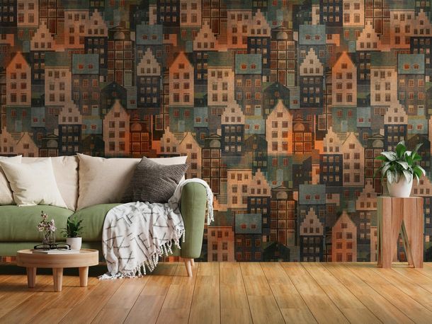 Digital Print Village Scandinavian Blue Orange 39182-1