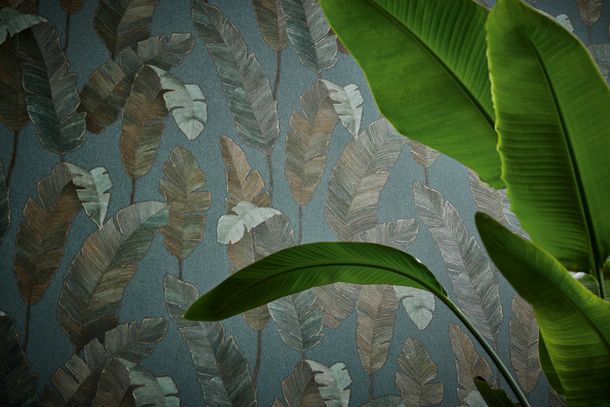 Non-woven wallpaper palm leaves petrol green 39218-3