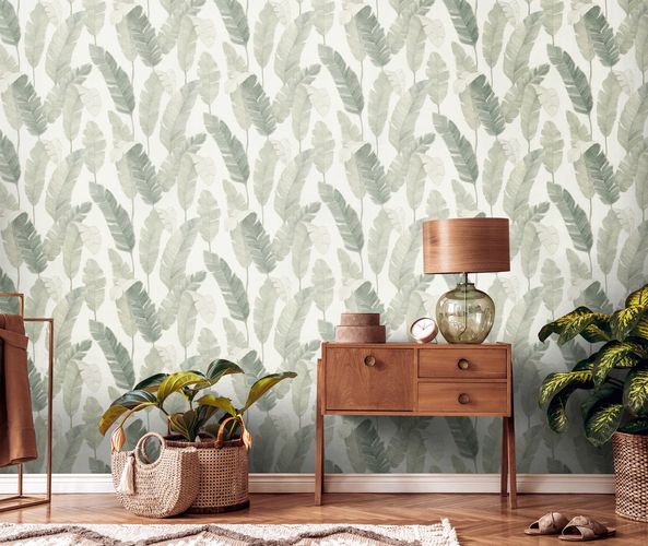 Non-woven wallpaper palm leaves white green 39218-4