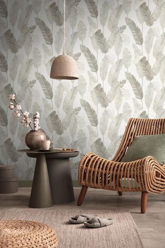 Non-woven wallpaper palm leaves white beige 39218-5