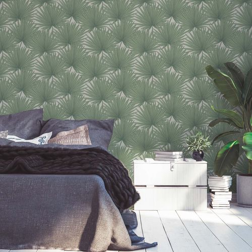 Non-woven wallpaper palm leaves green white 39090-1