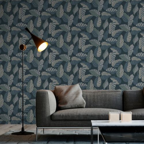 Non-woven wallpaper leaves blue green white 39094-4