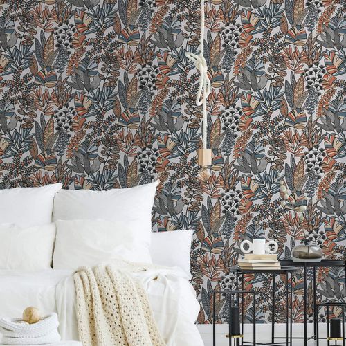 Non-woven wallpaper leaves white orange blue 39095-2