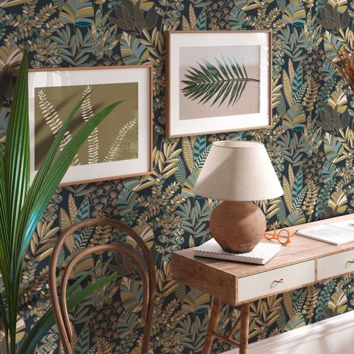 Non-woven wallpaper leaves blue gold metallic 39095-5