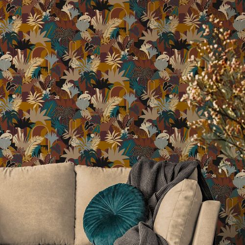 Non-woven wallpaper jungle motif red orange blue 39096-1