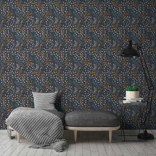 Non-woven wallpaper floral black grey metallic 38847-4
